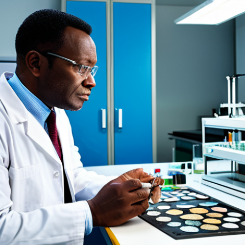 Home 22 A male Congolese geologist in his early 40s, with a thoughtful expression, carefully examining a polished mineral sample on a clean laboratory workbench. He is wearing a modest, light-colored professional lab coat over a professional collared shirt and trousers. The background features a brightly lit, modern research laboratory with state-of-the-art scientific equipment, symbolizing innovation and responsible resource management. The scene conveys a sense of scientific rigor and progress. Perfect anatomy, correct proportions, natural pose, well-formed hands, proper finger count, natural body proportions, fully clothed, modest clothing, appropriate attire, professional dress, safe for work, appropriate content, family-friendly.