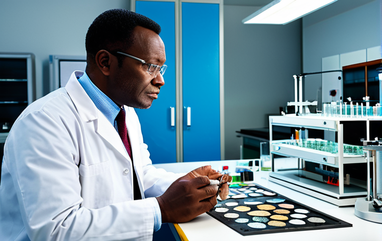 A male Congolese geologist in his early 40s, with a thoughtful expression, carefully examining a polished mineral sample on a clean laboratory workbench. He is wearing a modest, light-colored professional lab coat over a professional collared shirt and trousers. The background features a brightly lit, modern research laboratory with state-of-the-art scientific equipment, symbolizing innovation and responsible resource management. The scene conveys a sense of scientific rigor and progress. Perfect anatomy, correct proportions, natural pose, well-formed hands, proper finger count, natural body proportions, fully clothed, modest clothing, appropriate attire, professional dress, safe for work, appropriate content, family-friendly.