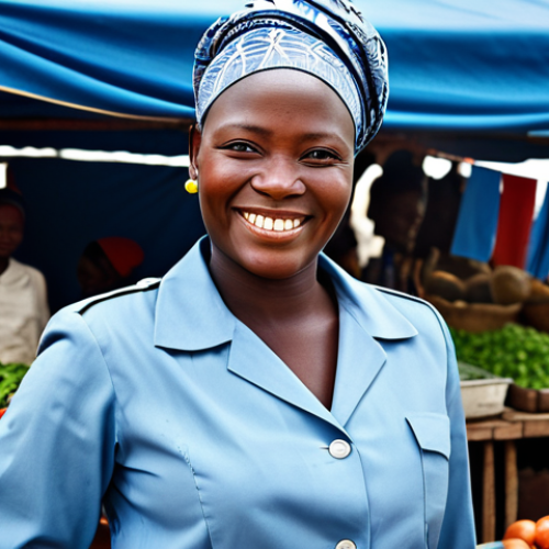Home 21 Microfinance Empowerment**
"A Congolese woman, fully clothed in professional attire, smiling confidently while managing a small business in a bustling marketplace, safe for work, appropriate content, modest clothing, perfect anatomy, natural proportions, family-friendly, high resolution."
**