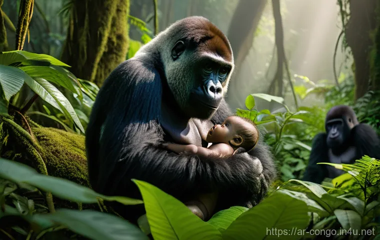 콩고 공화국의 자연환경 및 생태계 - "A majestic, wide shot of the Democratic Republic of Congo's dense rainforest, shrouded in a soft, e...