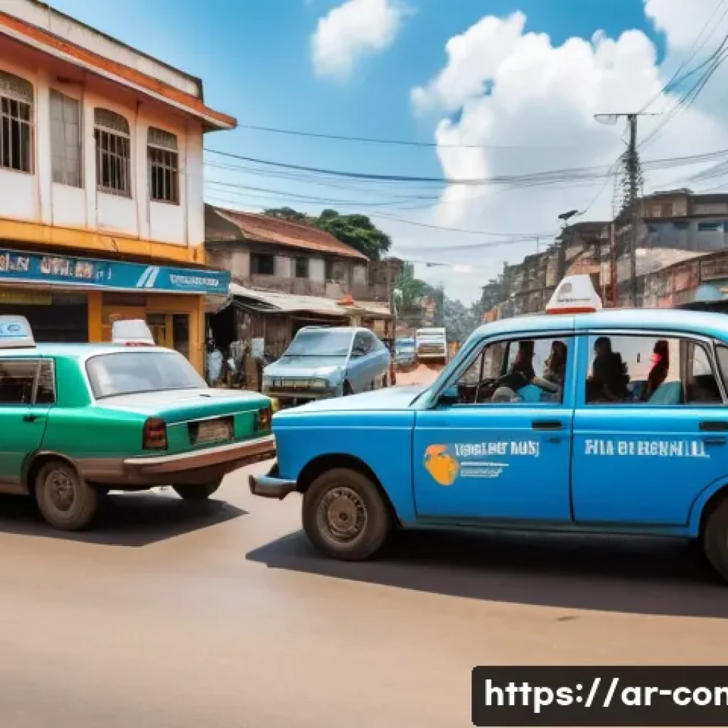 콩고 공화국에서 안전한 여행을 위한 팁 - A detailed street scene in Brazzaville, Republic of Congo, showing official taxis and modern ride-ha...