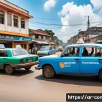 콩고 공화국에서 안전한 여행을 위한 팁 - A detailed street scene in Brazzaville, Republic of Congo, showing official taxis and modern ride-ha...