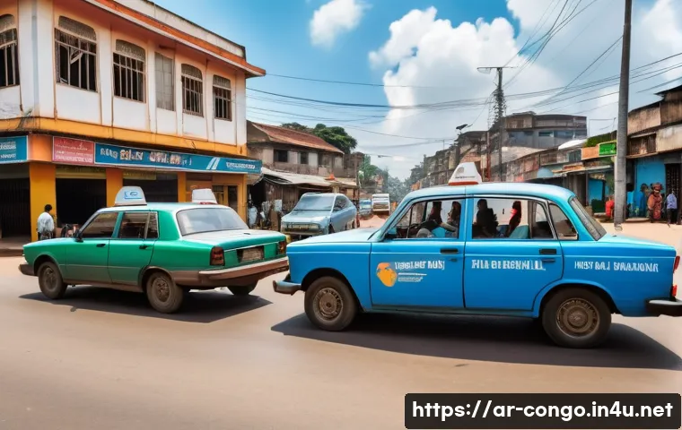콩고 공화국에서 안전한 여행을 위한 팁 - A detailed street scene in Brazzaville, Republic of Congo, showing official taxis and modern ride-ha...