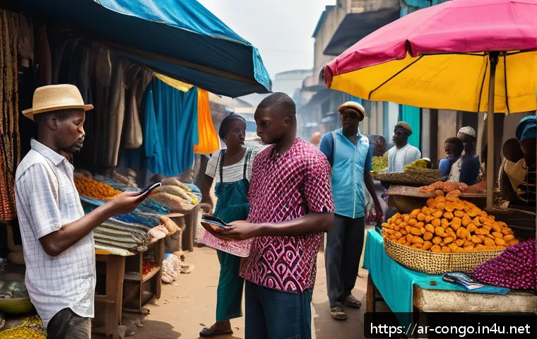 콩고 공화국 여행 시 조심해야 할 사기 유형 - A busy outdoor marketplace in Kinshasa, Democratic Republic of Congo, showing a cautious tourist neg...
