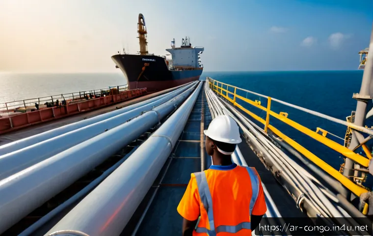 콩고 공화국 내 주요 기업 및 경제 활동 - Photorealistic wide-angle view of a modern oil logistics terminal near the tropical Atlantic coast o...