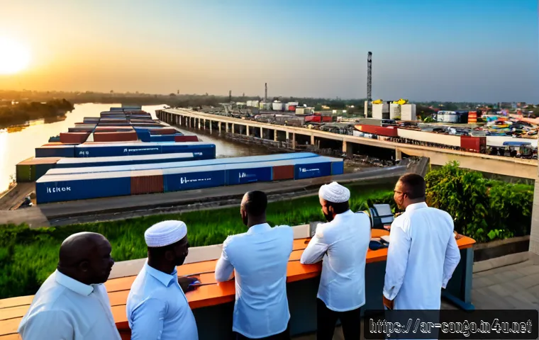 콩고 공화국의 경제적 성장 가능성 - Photorealistic wide-angle view of a modern riverside business district in Brazzaville, Republic of t...